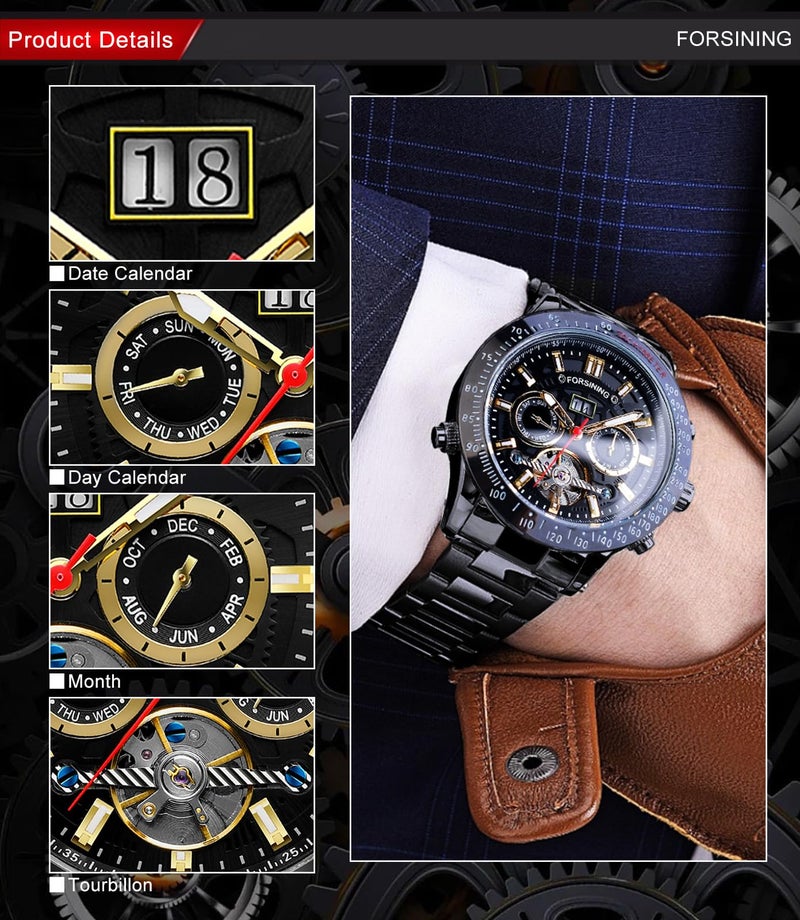 FORSINING Men Tourbillon Mechanical Self-Wind Watch, Day Date Month Full Calendar, Luminous Tachymeter Multifunctional Automatic Watches, Carved Big Dial Stainless Steel Band Wrist Watch, Black All - Image 5