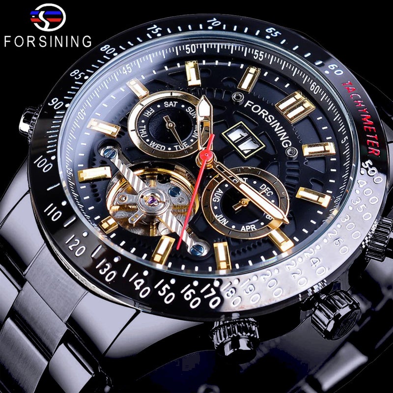 FORSINING Men Tourbillon Mechanical Self-Wind Watch, Day Date Month Full Calendar, Luminous Tachymeter Multifunctional Automatic Watches, Carved Big Dial Stainless Steel Band Wrist Watch, Black All - Image 2
