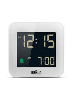 Braun Digital Travel Alarm Clock with Snooze, Compact Size, Negative LCD Display, Quick Set,Crescendo Beep Alarm in White, model BC08W.