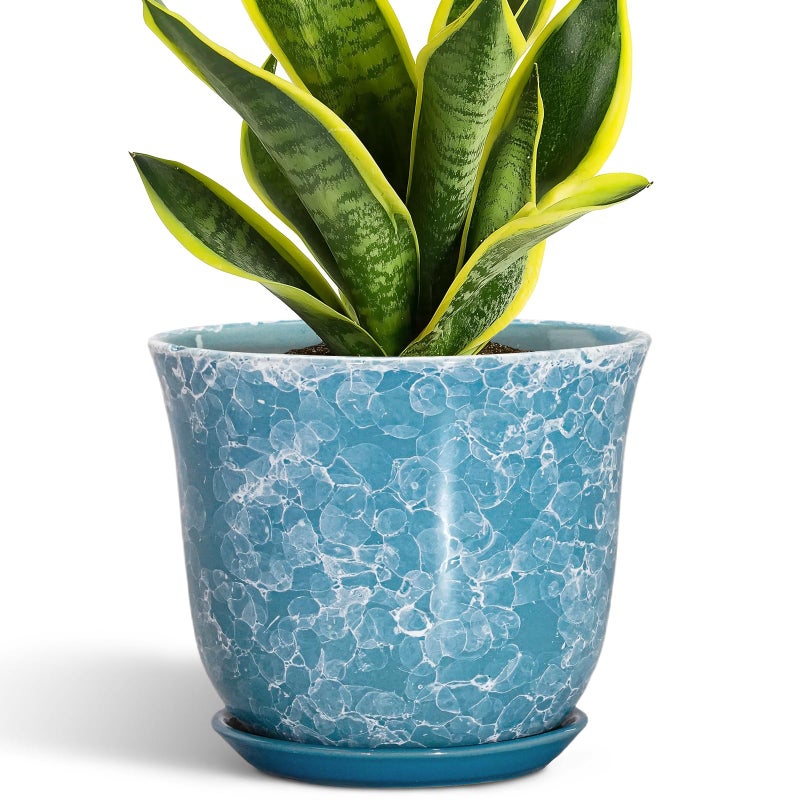 SUNPOTFOR 8 Inch Plant Pot - Ceramic Planter with Drainage Hole and Saucer, Round Planter for Indoor Outdoor, Modern Planter, Decorative Flower Pot, Apartment Garden Home Decor, Gardening Gifts, Blue - Image 1