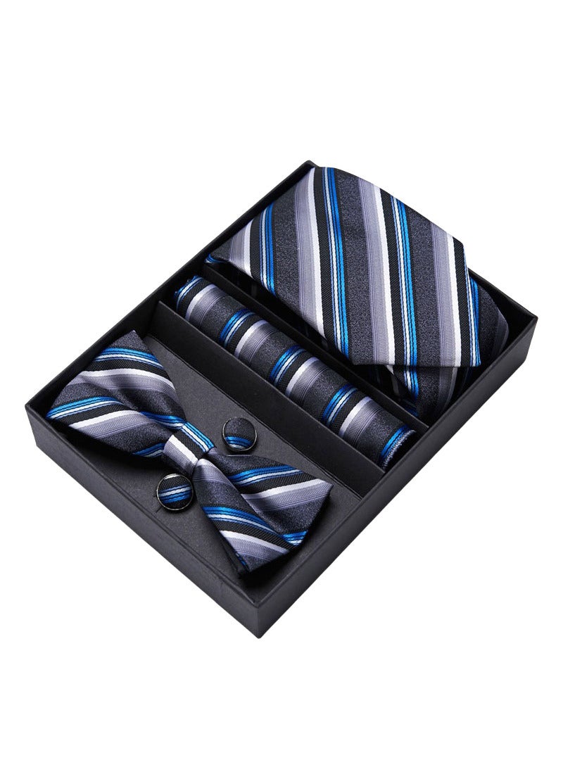 Hiras Fashionable Stripes Necktie Suit Gift Box Set（Tie, Pocket Square, Cufflinks, Bow Tie Set )-Grey Blue - Image 1