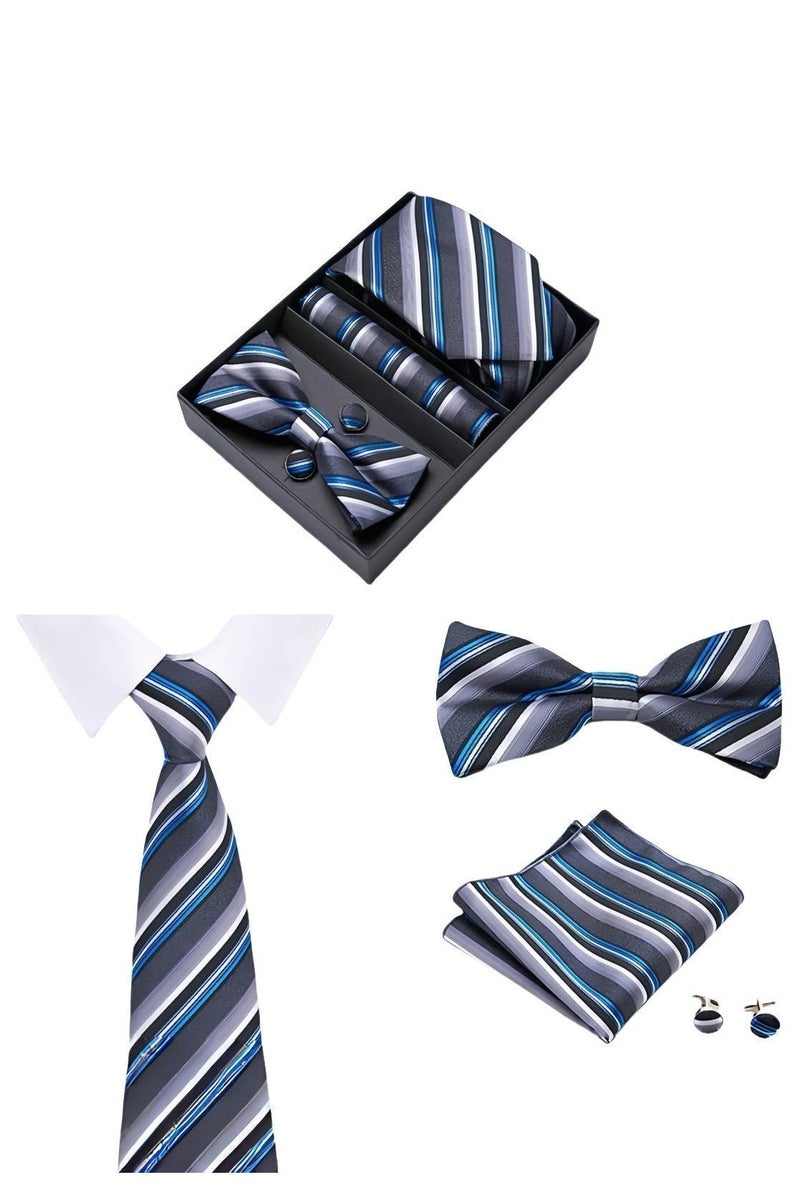 Hiras Men's Striped Tie Gift Set for Wedding & Business | Complete Accessory Collection (Tie, Bow Tie, Cufflinks, Pocket Square) - Grey Blue - Image 5