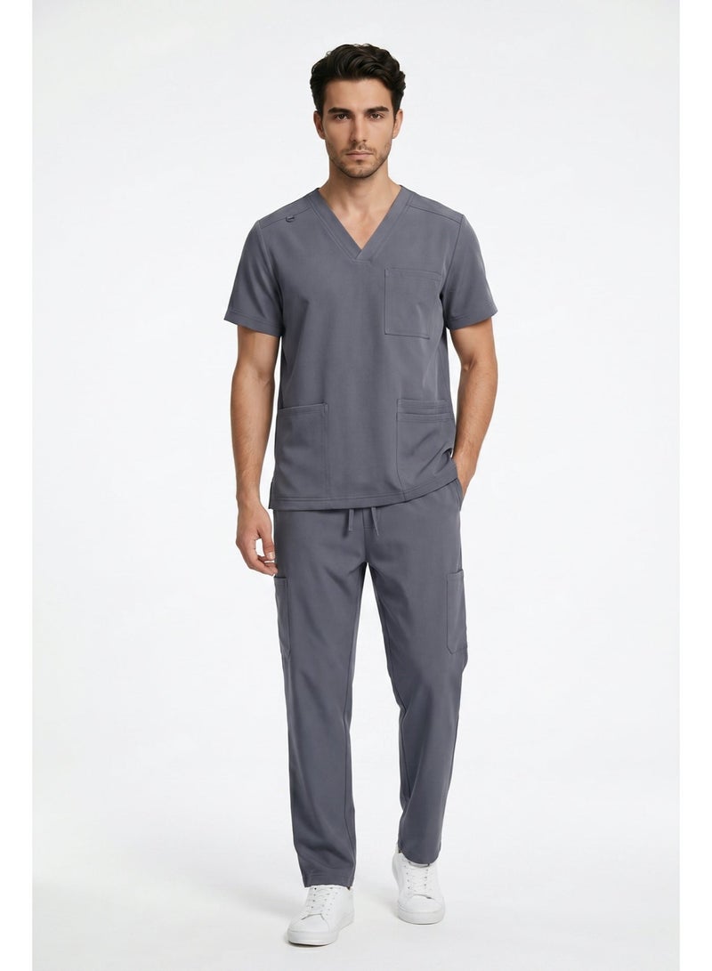 FITUP Men's Medical Scrub  Set | LMS 500  | V-Neck | 9 Pockets | Breathable | Lightweight | Hospital Uniform | Grey - Image 1