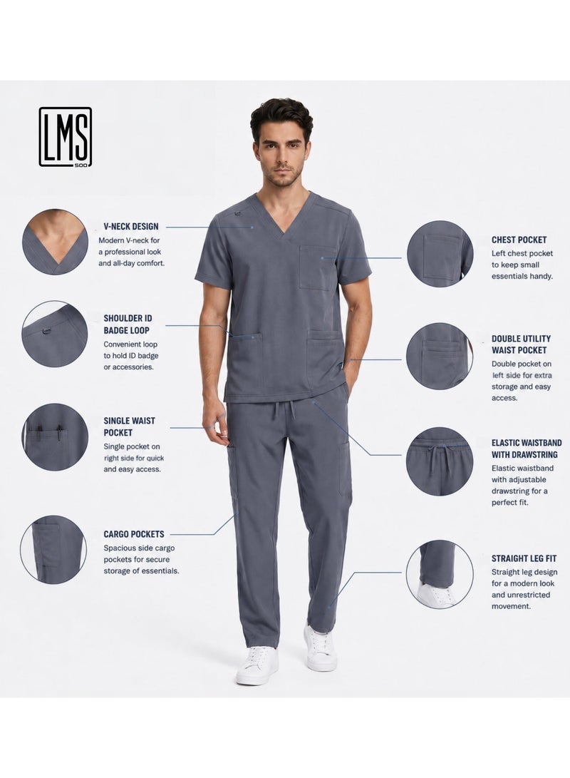 FITUP Men's Medical Scrub  Set | LMS 500  | V-Neck | 9 Pockets | Breathable | Lightweight | Hospital Uniform | Grey - Image 4