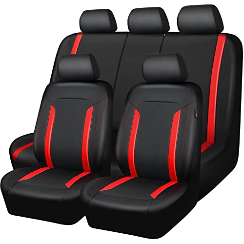 CAR PASS Universal Leather Car Seat Covers Full Set, Waterproof wear Durable Faux Leather Seat Covers 5 Seats Protector, Rear with Zipper, Airbag, Fit for SUV Pick-up Truck Vehicle Auto Black and Red