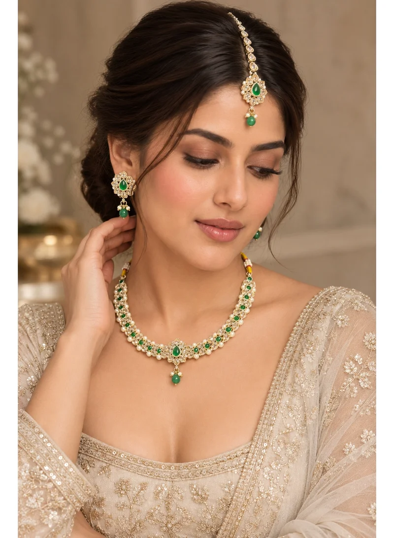 Lehar Emerald Green Kundan & Pearl Choker Set with Earrings & Maang Tikka - Indian Bridal Jewelry