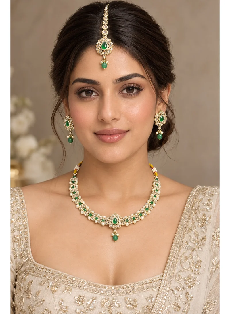 Lehar Emerald Green Kundan & Pearl Choker Set with Earrings & Maang Tikka - Indian Bridal Jewelry