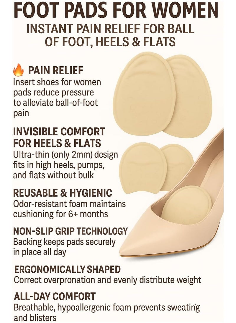 Meetion Foot Pads for Women – 2 Pairs Cushions for Ball of Foot & Heels – Non-Slip Beige Inserts for Pain Relief – Ideal for Sneakers, Work Shoes, Flats & High Heels  - Image 2