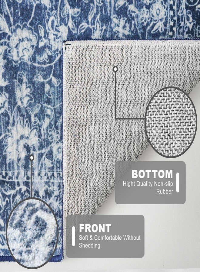 KILOCOCO سجادة ممر كيلوكوكو 2x5 مطبوعة بنقوش زهور عتيقة قابلة للغسل، سجادة مطبخ مانعة للانزلاق، سجادة ممر بوهيمية عتيقة لغرفة النوم وغرفة الغسيل، لون أزرق داكن - Image 5