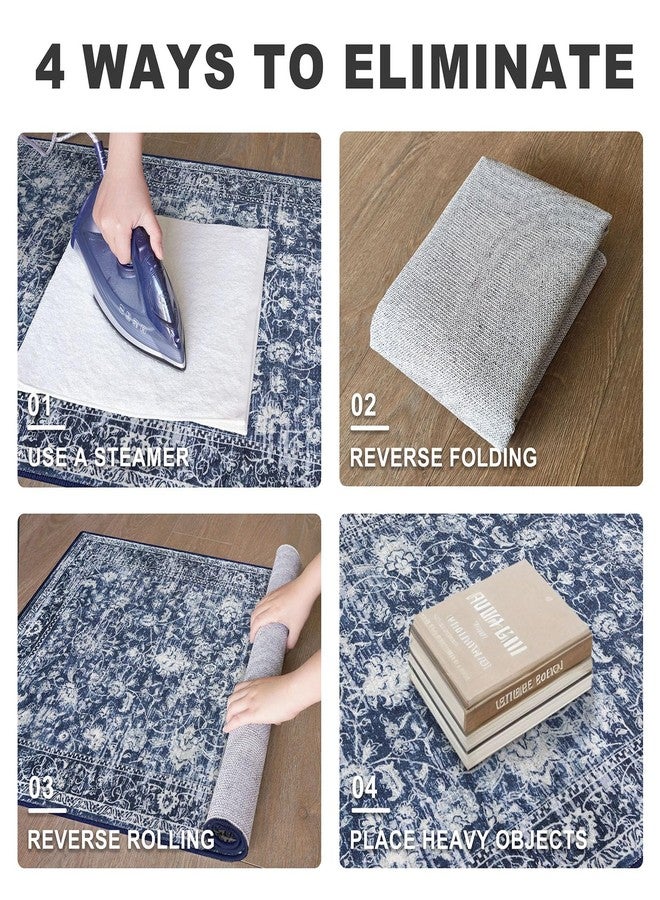 KILOCOCO سجادة ممر كيلوكوكو 2x5 مطبوعة بنقوش زهور عتيقة قابلة للغسل، سجادة مطبخ مانعة للانزلاق، سجادة ممر بوهيمية عتيقة لغرفة النوم وغرفة الغسيل، لون أزرق داكن - Image 3