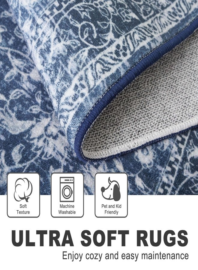 KILOCOCO سجادة ممر كيلوكوكو 2x5 مطبوعة بنقوش زهور عتيقة قابلة للغسل، سجادة مطبخ مانعة للانزلاق، سجادة ممر بوهيمية عتيقة لغرفة النوم وغرفة الغسيل، لون أزرق داكن - Image 4