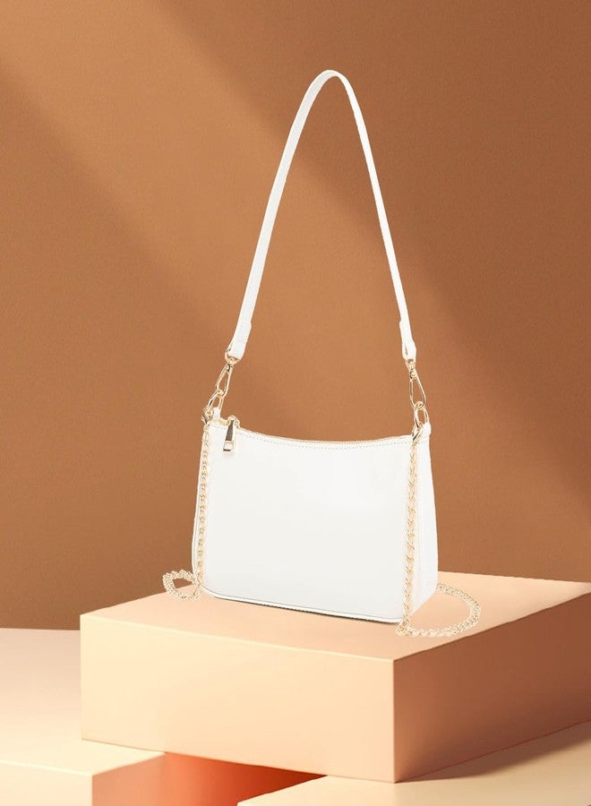 feujury Small Shoulder Bag for Women Trendy Purse Retro Vegan Leather Hobo Purses Clutch Tote HandBags with Zipper Closure (White) - Image 3
