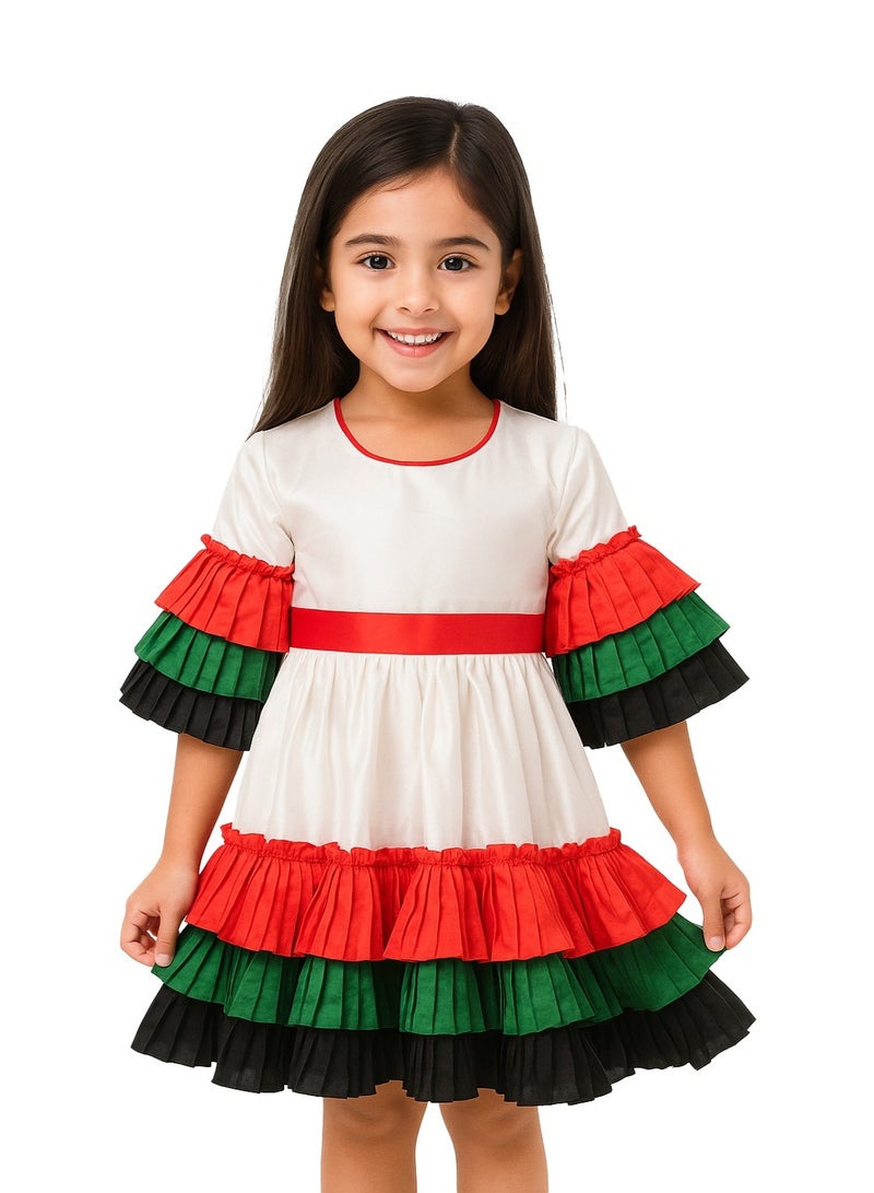 المنزل الذكي هوم سمارت فستان أبيض بنقشة علم اليوم الوطني للبنات احتفلي باليوم الوطني لدولة الإمارات العربية المتحدة بأناقة الزي الوطني لدولة الإمارات العربية المتحدة للمناسبات الوطنية الاحتفالية - Image 1