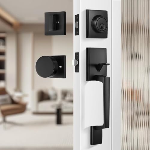 Leydebong Black Entry Door Handle and Single Cylinder Deadbolt Lock and Key All Keyed Different Front Door Lock Set Heavy Duty Square Locking Lever Set Exterior Door Handle - Image 1