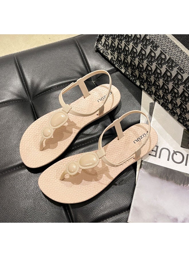 NIBEMINENT Fashionable Sweet  Slides Sandals Women's Spring Summer  Style Niche Design Roman Style Flat Bottom Beach Slippers - Image 1
