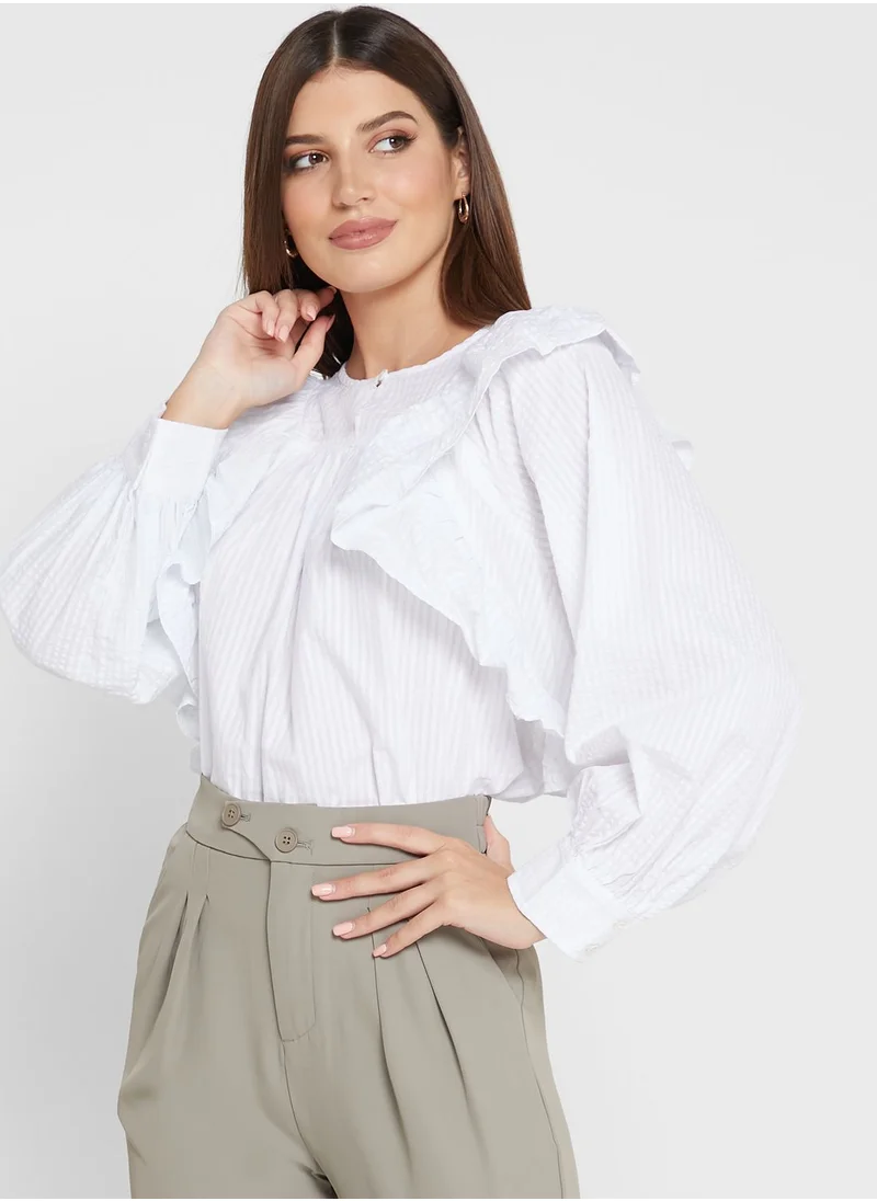 WAREHOUSE Keyhole Balloon Sleeve Ruffle Detail Top