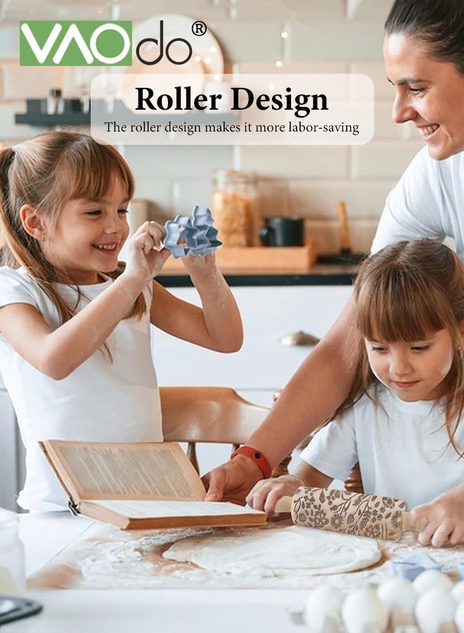 فاو دو دبابيس عجين خشبية منقوشة للخبز، دبابيس عجين منقوشة بعمق، أنماط منقوشة بعمق، ملمس رقيق، تصاميم لخبز الكوكيز، طوابع، أسطوانة، أدوات يدوية - Image 2