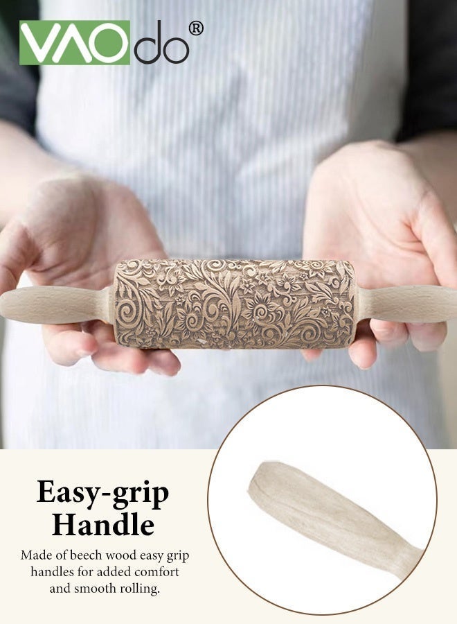 فاو دو دبابيس عجين خشبية منقوشة للخبز، دبابيس عجين منقوشة بعمق، أنماط منقوشة بعمق، ملمس رقيق، تصاميم لخبز الكوكيز، طوابع، أسطوانة، أدوات يدوية - Image 3