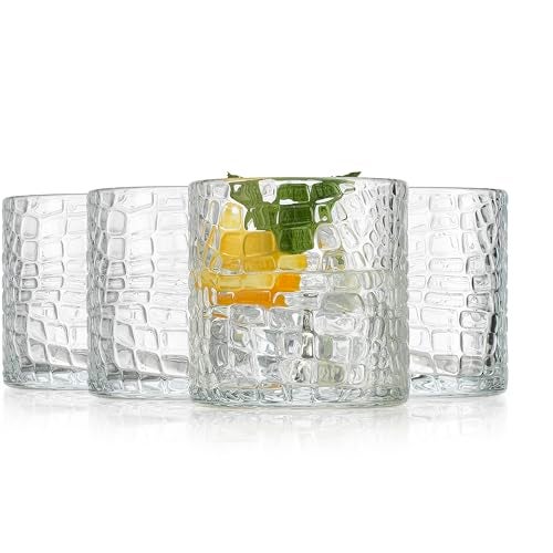 Glaver's DOF Set of 4 Clear 13oz Drinking Glasses Patent Crackle Textured Design Double Old Fashioned Whiskey Glasses Home Everyday Bar Glassware - Image 3