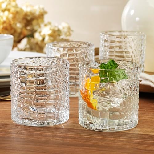 Glaver's DOF Set of 4 Clear 13oz Drinking Glasses Patent Crackle Textured Design Double Old Fashioned Whiskey Glasses Home Everyday Bar Glassware - Image 4