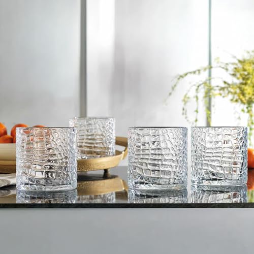 Glaver's DOF Set of 4 Clear 13oz Drinking Glasses Patent Crackle Textured Design Double Old Fashioned Whiskey Glasses Home Everyday Bar Glassware - Image 2