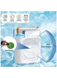 Portable 5-Hole Air Conditioning Fan, Personal Evaporative Mini Chiller, 4-in-1 Humidifier Misting Fan, 3 Air Speeds, 3 Misting Modes, 7-Colour LED Lights and 1/2/3 H Timer for Office, Home (White)