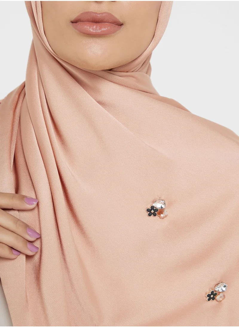 Khizana Floral Stone Detail Long Hijab Scarf