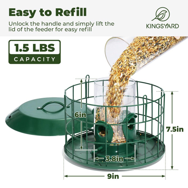 Kingsyard Tube Squirrel Proof Bird Feeders for Outdoor Hanging, Metal Caged Bird Feeder with Rain Proof Covered for Wildbirds Finches Bluebird, 4 Feeding Ports, Green - Image 5