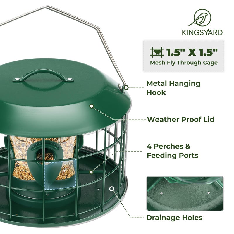 Kingsyard Tube Squirrel Proof Bird Feeders for Outdoor Hanging, Metal Caged Bird Feeder with Rain Proof Covered for Wildbirds Finches Bluebird, 4 Feeding Ports, Green - Image 3