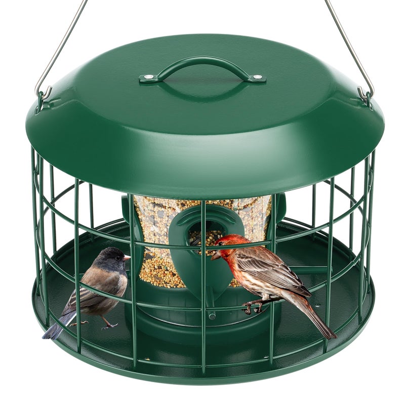 Kingsyard Tube Squirrel Proof Bird Feeders for Outdoor Hanging, Metal Caged Bird Feeder with Rain Proof Covered for Wildbirds Finches Bluebird, 4 Feeding Ports, Green - Image 1