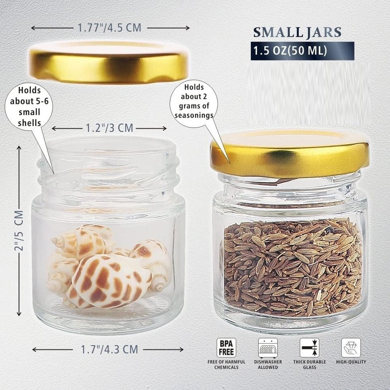 EVATTA Small Glass Jars with lid 50 ml 12 Pieces Clear Round Shape Golden Airtight Metal Lid mini glass jars Mini Mason Jars for Candle Making Gifts Wedding Spice Jars Party Favors - Image 5