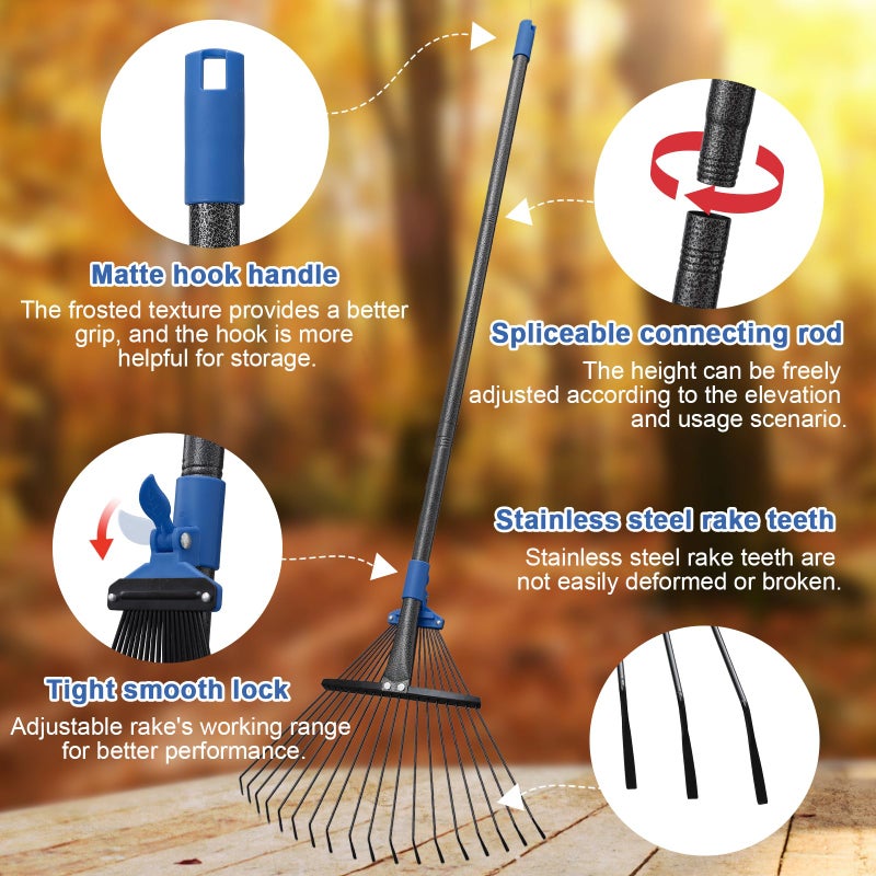 JAOTREL Adjustable Metal Leaf Rake Long Handle, 72 inch Garden Rakes for Lawns Heavy Duty Leaves with Expandable Head 8-17", Yard Women Kids Rake for Gardening RV Camping - Image 4