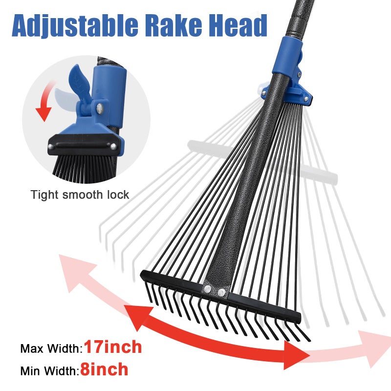 JAOTREL Adjustable Metal Leaf Rake Long Handle, 72 inch Garden Rakes for Lawns Heavy Duty Leaves with Expandable Head 8-17", Yard Women Kids Rake for Gardening RV Camping - Image 2