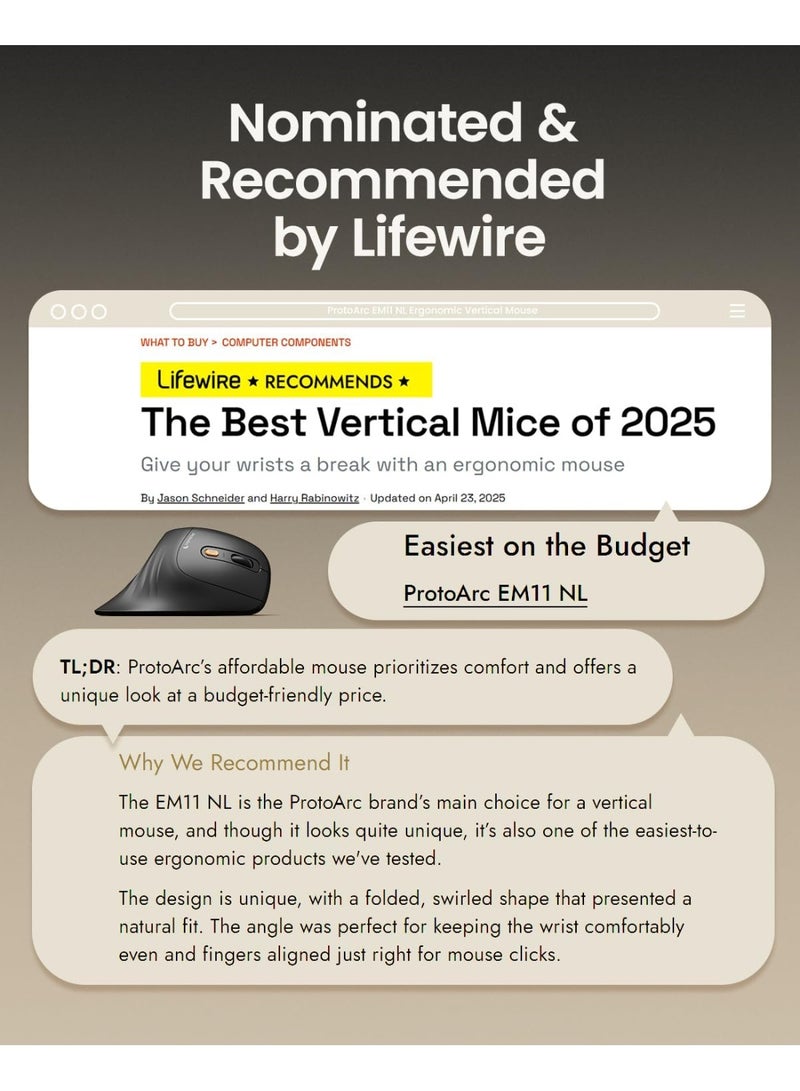 Proto Ergonomic Mouse, EM11 NL Bluetooth Rechargeable Wireless Vertical Mouse, 3 Multi-Device Connectivity for Computer/PC/Laptop, 2.4GHz Optical Mice for Windows, Mac OS, Black - Image 5