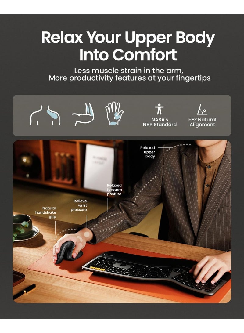 Proto Ergonomic Mouse, EM11 NL Bluetooth Rechargeable Wireless Vertical Mouse, 3 Multi-Device Connectivity for Computer/PC/Laptop, 2.4GHz Optical Mice for Windows, Mac OS, Black - Image 4