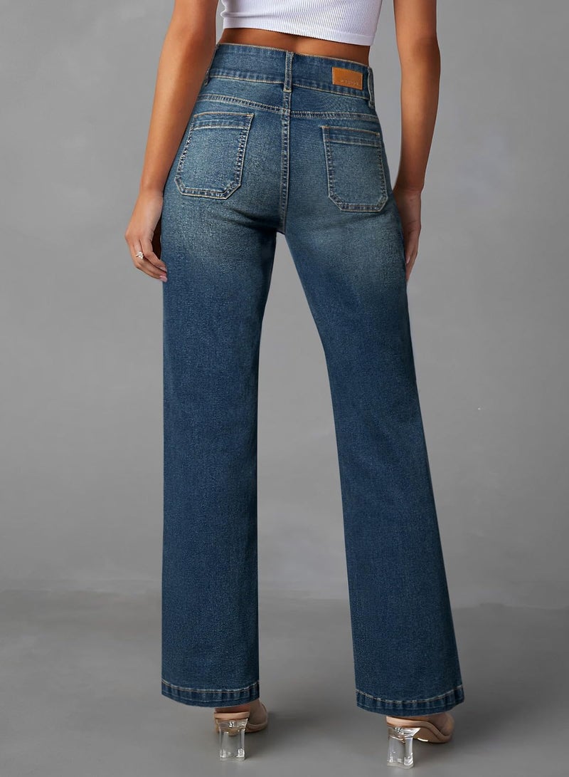 Sidefeel Women's High Waisted Tummy Control Jeans Stretchy Wide Leg Pockets Front Denim Pants Real Teal Size 12 - Image 2