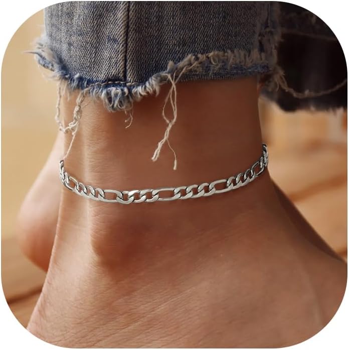 U7 Women Girls Barefoot Jewelry 18K Gold or Rose Gold Stainless Steel Heart/Rope/Figaro/Cuban Chain Anklet Foot Bracelet, 25-30 CM Long - Image 1