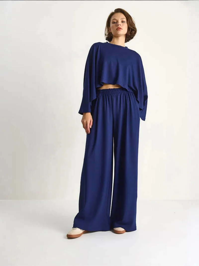 Bianco Lucci LUCCI Knitted Crew Neck Long Sleeve Wide Leg Two-Piece Set