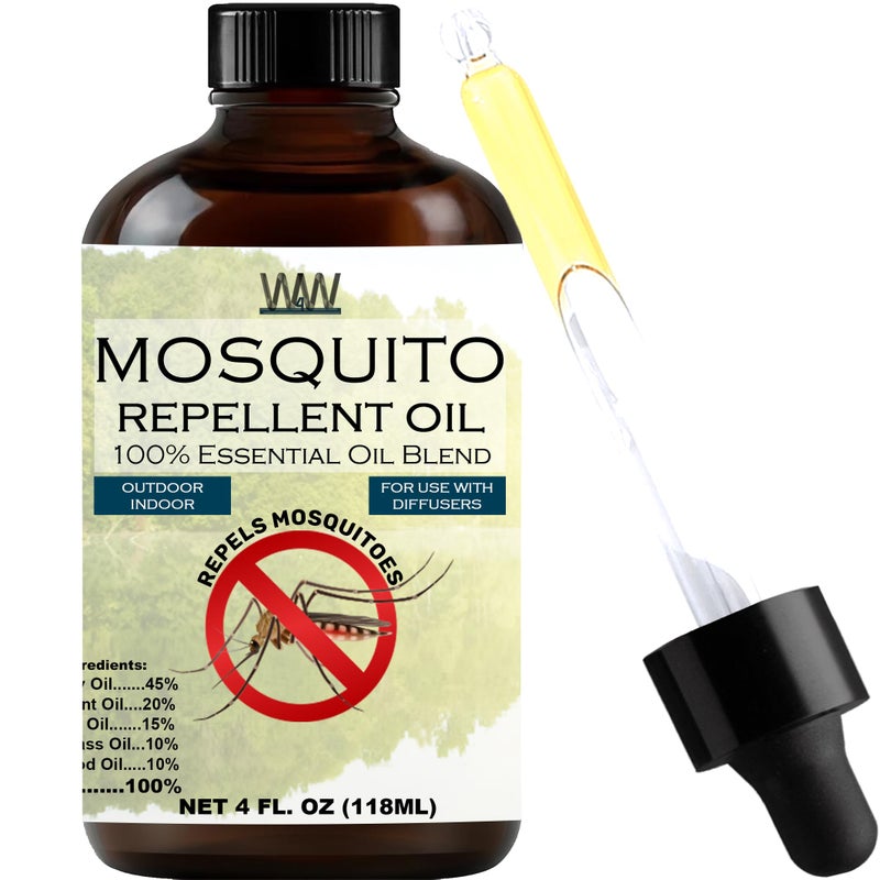 W4W Mosquito Oil - 100% Essential Oil Blend - 4 Oz - Mosquitoes, Gnats & Other Flying Insects - for use with Diffusers, Sprays, Lotions, & Soaps - 4 Ounce Dropper Bottle - Image 1