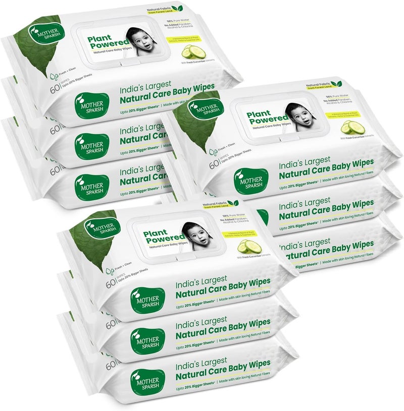 Mother Sparsh Natural Care Baby Wipes 60 Pcs (Pack of 9) - Plant Powered Wet Wipes with Cucumber Extract - Image 1
