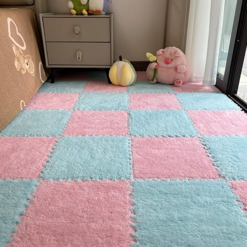 YISLEND 12Pcs Interlocking Carpet Tiles,12"x 12" Plush Interlocking Foam Carpet Tiles with Border,Fluffy Play Mat Floor Tiles Thick Padded Squares Foam Tiles for Playroom Decor (Pink+Light Blue) - Image 1