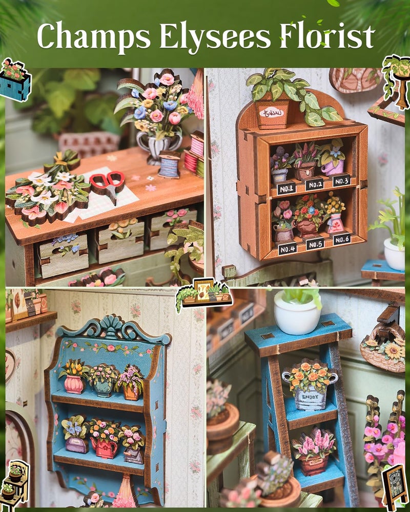 Cutefun Book Nook Kit - DIY Miniature Dollhouse Kit for Adults and Teens, French Flower Shop Mini House Building Kit with LED, 3D Wooden Puzzle for Beginner Creative Gifts (Champs-Ã‰lysÃ©es Florist) - Image 5