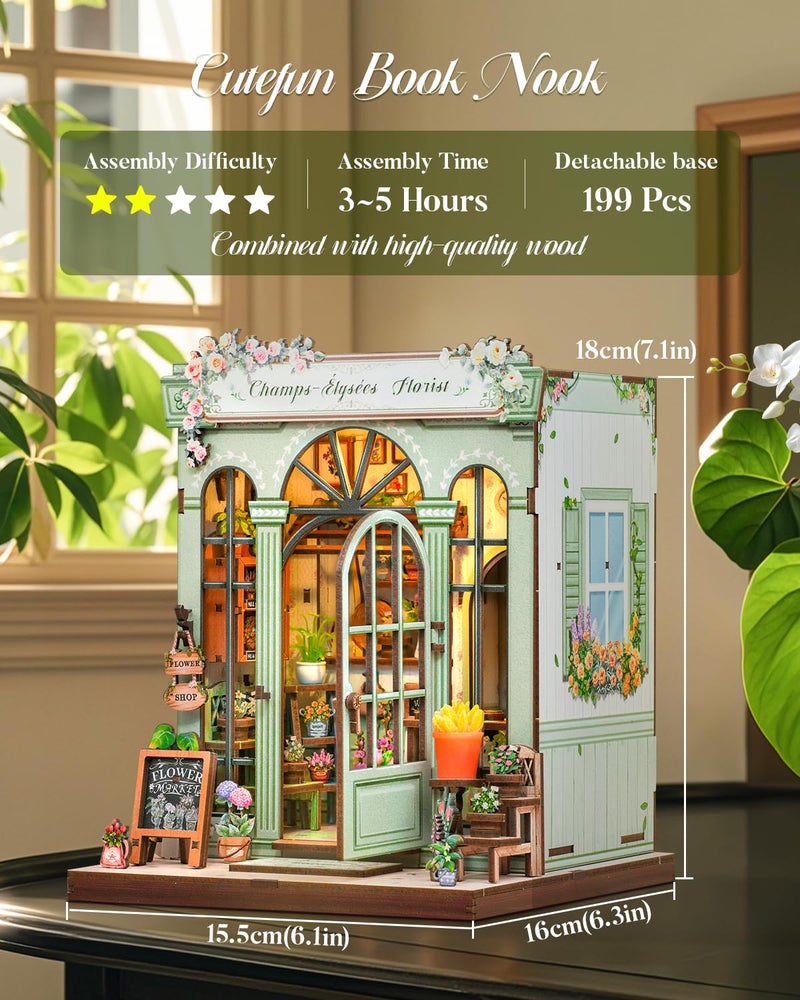 Cutefun Book Nook Kit - DIY Miniature Dollhouse Kit for Adults and Teens, French Flower Shop Mini House Building Kit with LED, 3D Wooden Puzzle for Beginner Creative Gifts (Champs-Ã‰lysÃ©es Florist) - Image 2