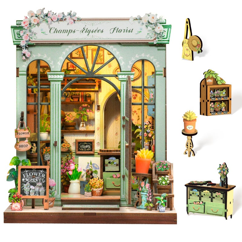 Cutefun Book Nook Kit - DIY Miniature Dollhouse Kit for Adults and Teens, French Flower Shop Mini House Building Kit with LED, 3D Wooden Puzzle for Beginner Creative Gifts (Champs-Ã‰lysÃ©es Florist) - Image 1