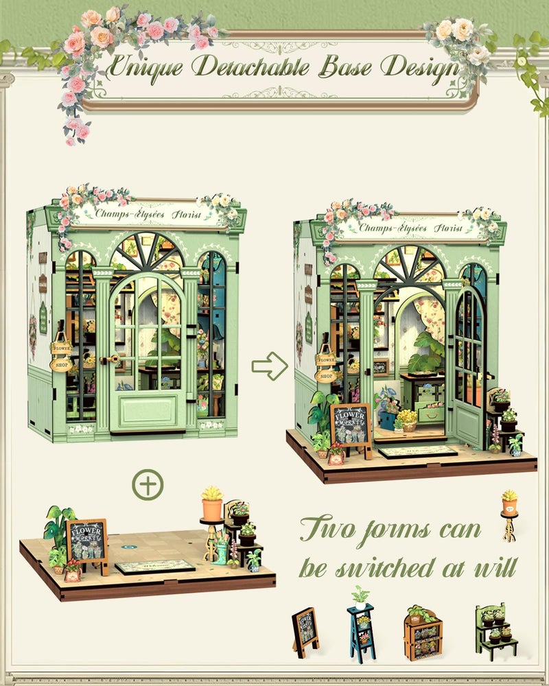 Cutefun Book Nook Kit - DIY Miniature Dollhouse Kit for Adults and Teens, French Flower Shop Mini House Building Kit with LED, 3D Wooden Puzzle for Beginner Creative Gifts (Champs-Ã‰lysÃ©es Florist) - Image 4