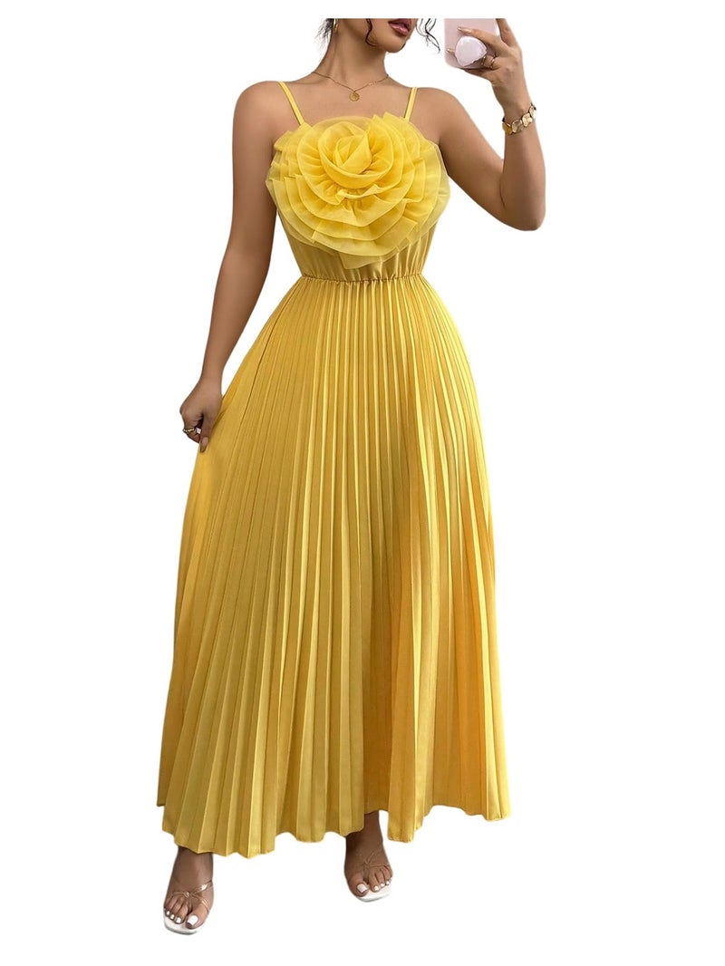 OYOANGLE Women's 3D Floral Spaghetti Strap Cami Dress Pleated Sleeveless Flared Evening Dresses Yellow Large - Image 1