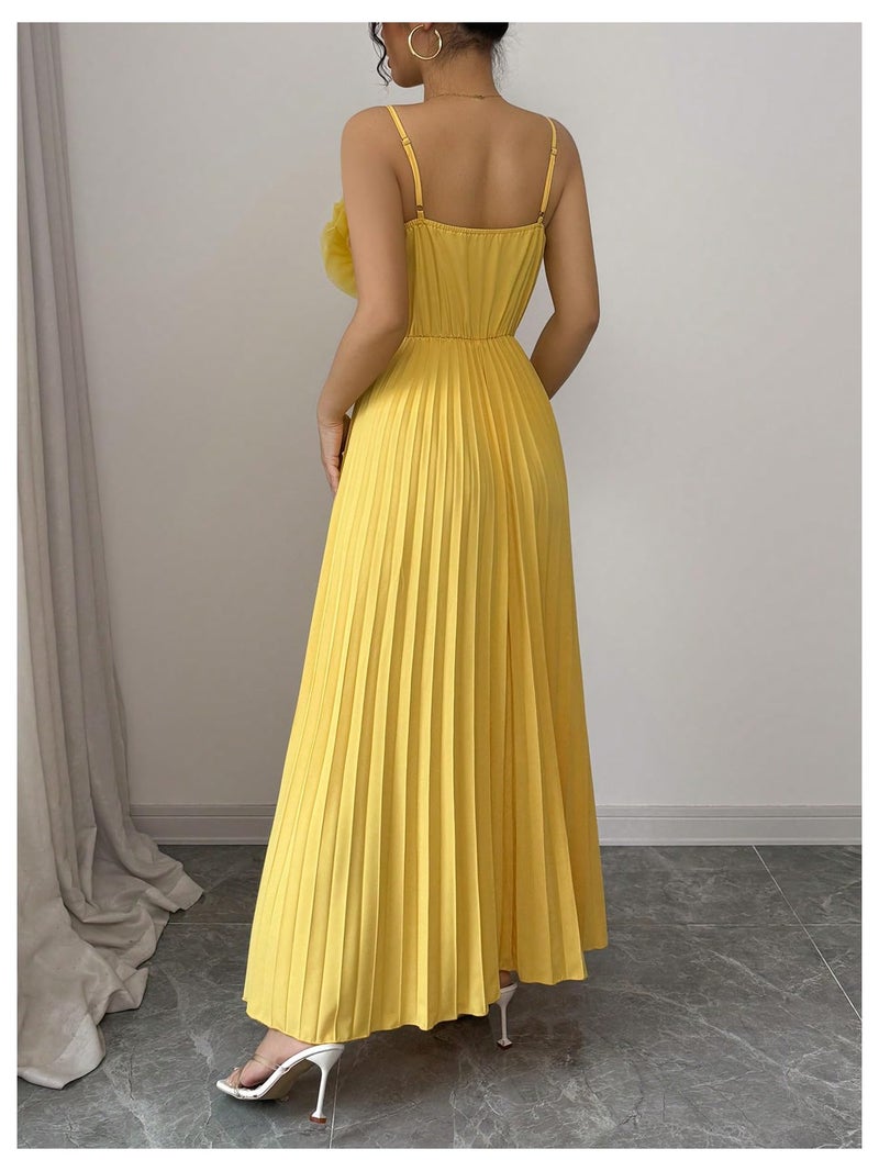 OYOANGLE Women's 3D Floral Spaghetti Strap Cami Dress Pleated Sleeveless Flared Evening Dresses Yellow Large - Image 3