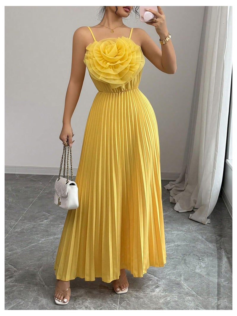 OYOANGLE Women's 3D Floral Spaghetti Strap Cami Dress Pleated Sleeveless Flared Evening Dresses Yellow Large - Image 5