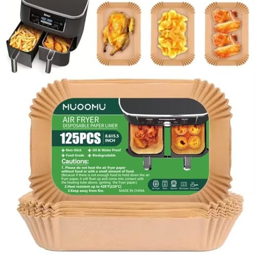 MUOOMU Air Fryer Disposable Paper Liners for Ninja Dual Airfryer Accessories, Non-Stick Parchment Rectangular for Baking, Oil Proof, Water Proof, for Microwave Oven (125PCS, 8.6in x 5.5in） - Image 1