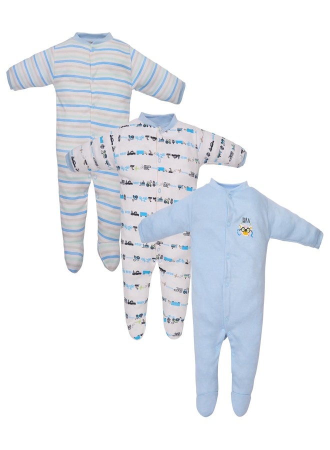 Magic Town® 100% Hosiery Cotton Unisex Romper for Kids and Infants Set of 3 (Sky Blue) (3-6 Months) - Image 1